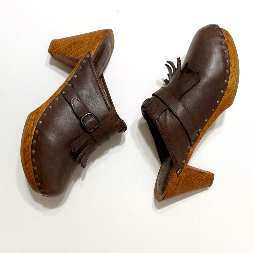 RACHEL COMEY BROWN LEATHER FRINGE WOOD HEEL CLOGS MULES - Picture 3 of 15